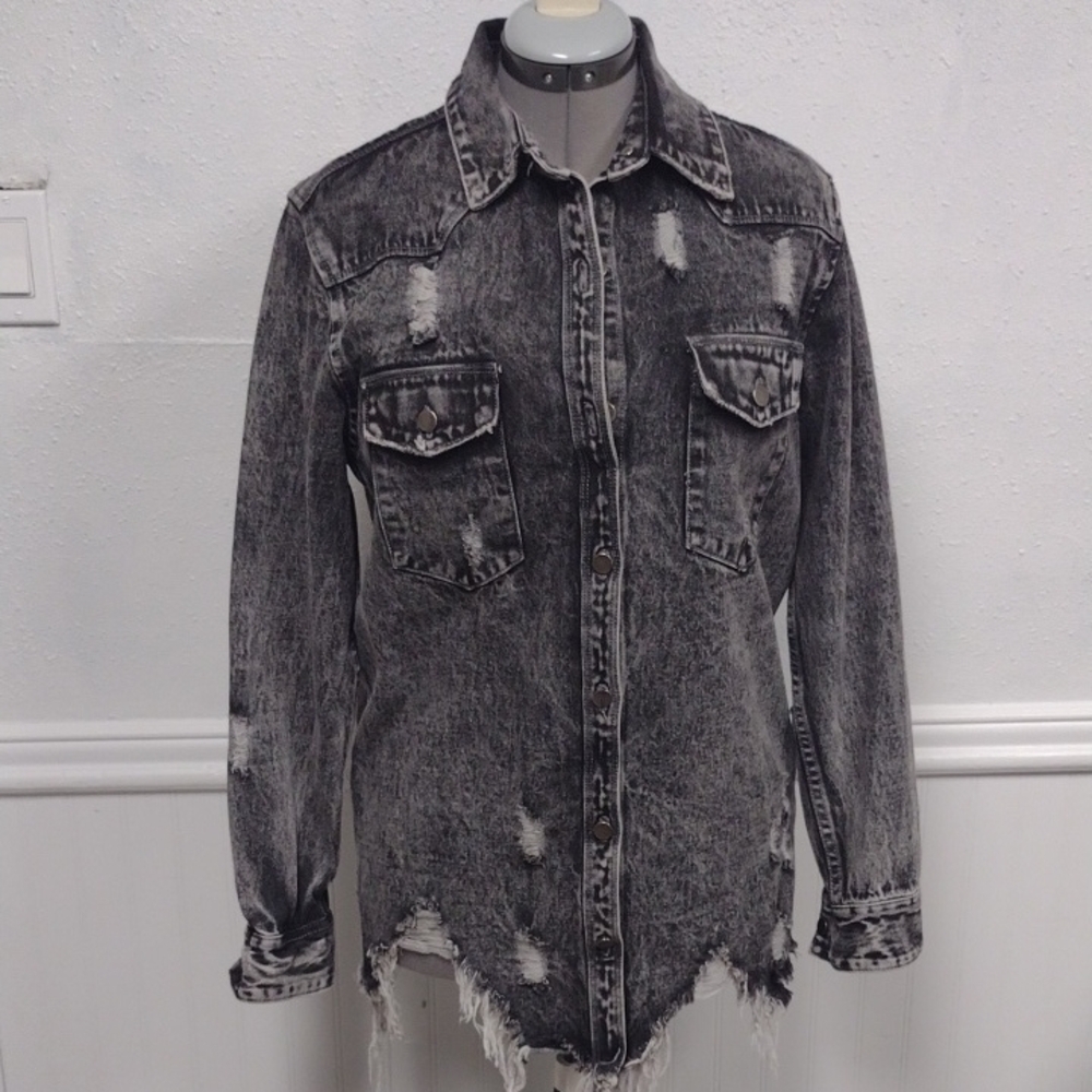 American Bazi Distressed Black Acid-Wash Jean Jacket